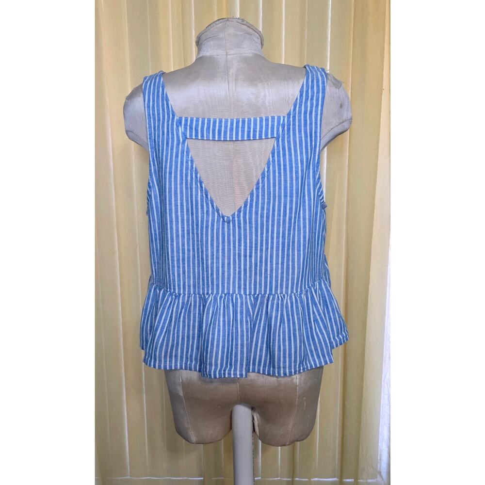 Abound Linen Blend Crop Top Blue White Striped‎ Peplum Ruffle Sleeveless Size L - Picture 2 of 5